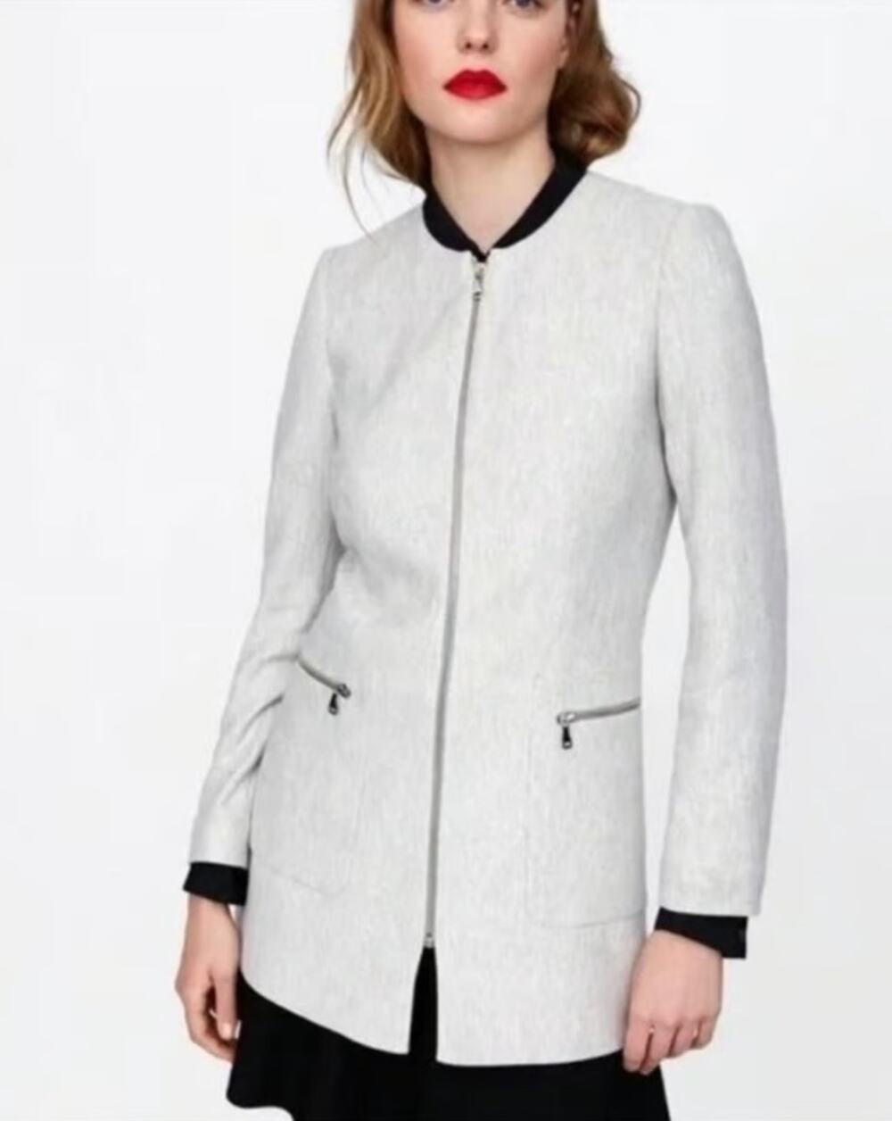 Zara Light Gray Herringbone Chevron Longline Zipper Jacket Blazer Cotton Coat XS